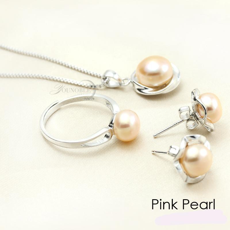 Real Natural Freshwater Pearl 925 Sterling Silver Necklace Earring  and Ring  Set