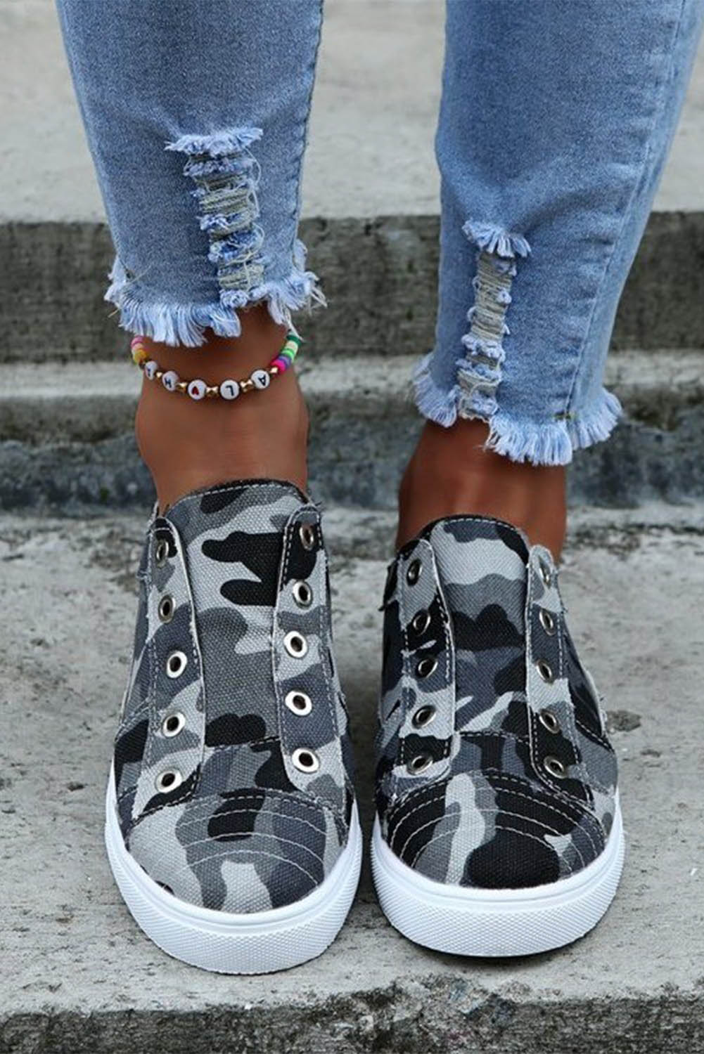 Grey Canvas Camo Distressed Women's Sneakers