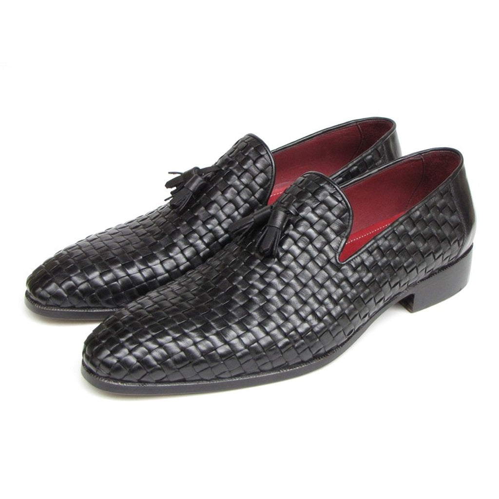 Paul Parkman Men's Tassel Loafer Black Woven Leather Shoes