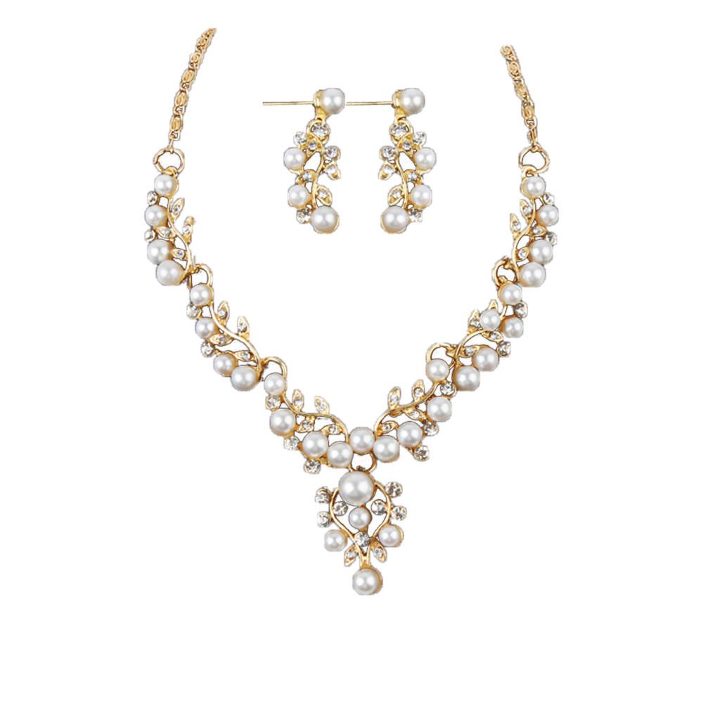 Ladies Wedding Pearl Rhinestone Necklace & Earring set - Scarlet Bloom
