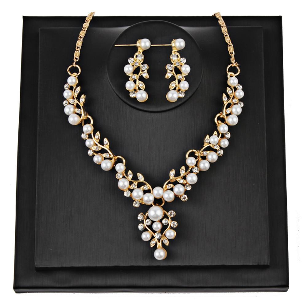 Ladies Wedding Pearl Rhinestone Necklace & Earring set - Scarlet Bloom