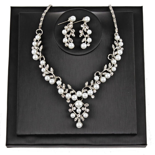 Ladies Wedding Pearl Rhinestone Necklace & Earring set - Scarlet Bloom